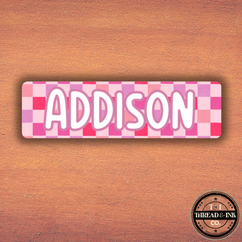 Custom Name Label Sticker – Pink Checkerboard