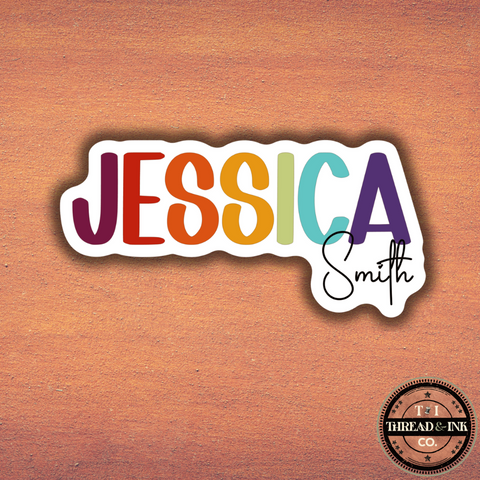 Custom Name Sticker – Retro Rainbow Letters with Script